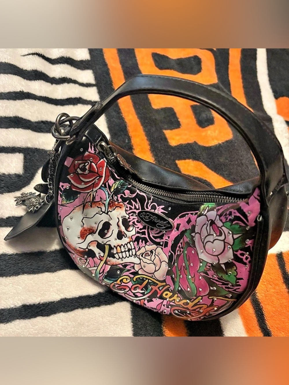 Ed Hardy Black & Pink Skull Rose Hobo Bag